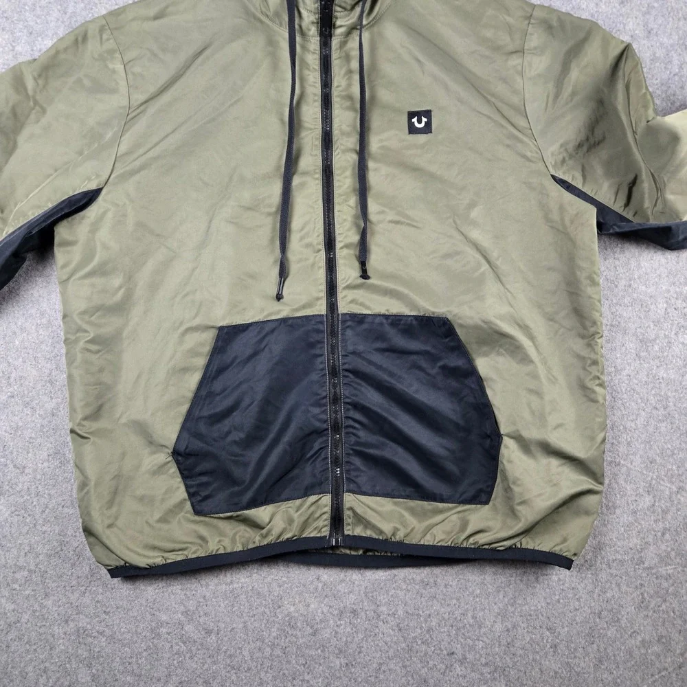 True Religion Windbreaker Jacket Mens XL Green Black Full Zip Hooded Streetwear